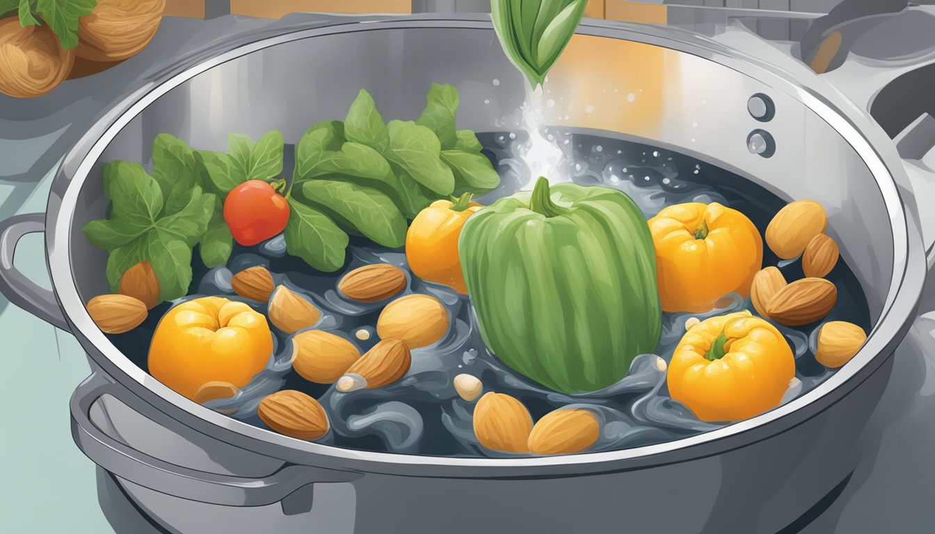 Fresh produce and nuts being submerged in boiling water in a kitchen in Texas