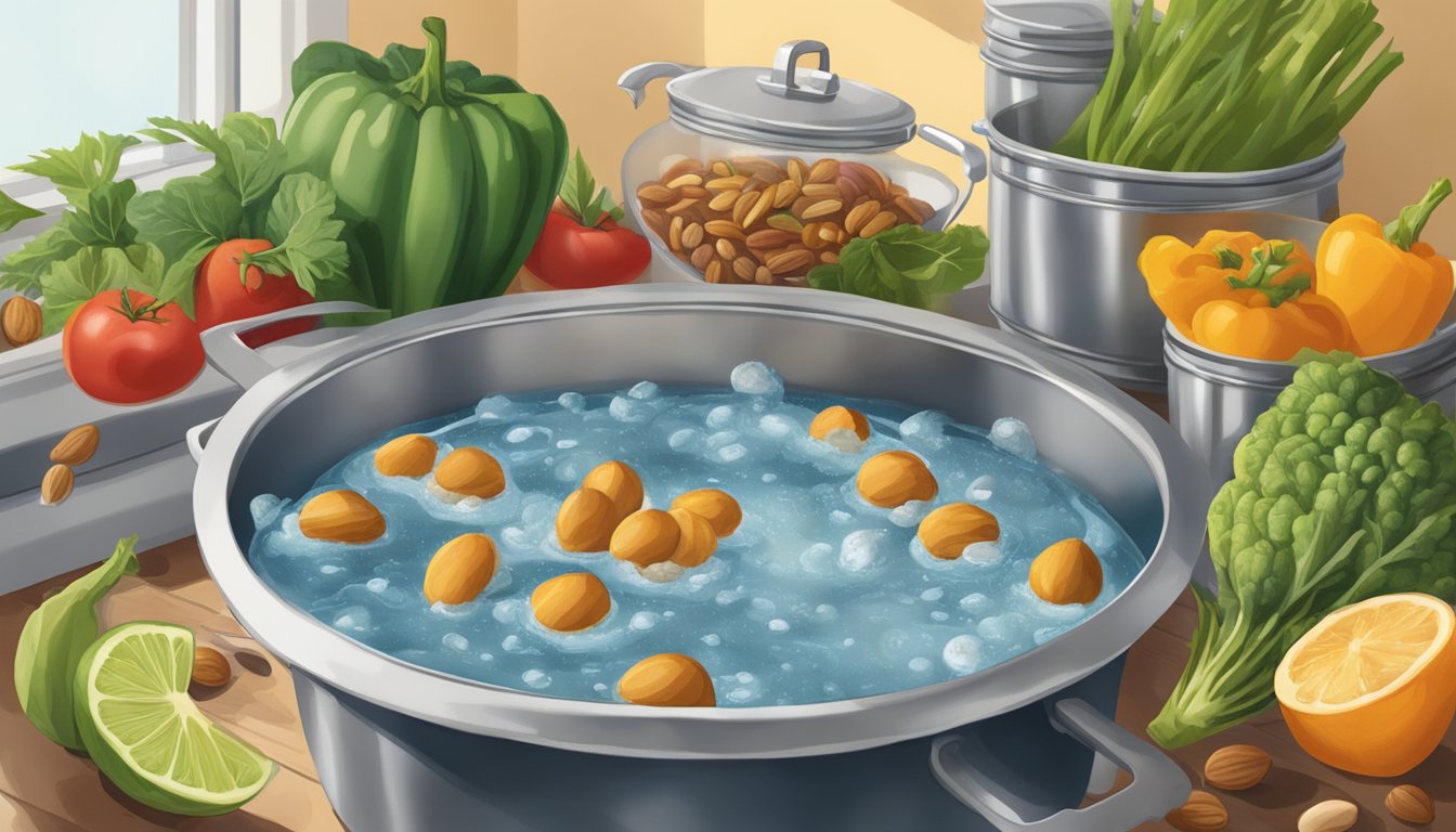 Fresh produce and nuts submerged in boiling water in a Texan kitchen