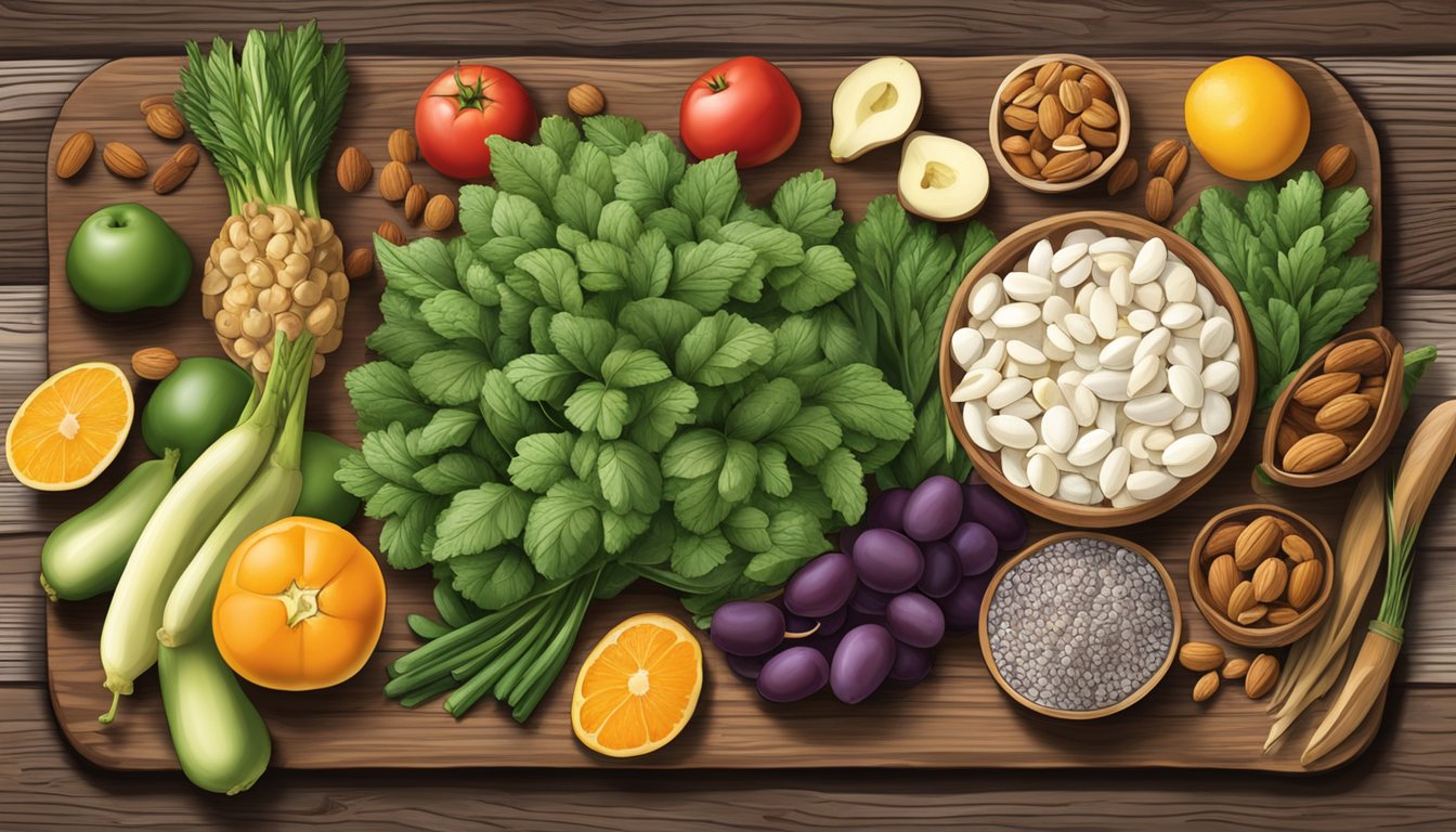 Freshly blanched vegetables, fruits, and nuts arranged on a rustic wooden platter in a Texas setting