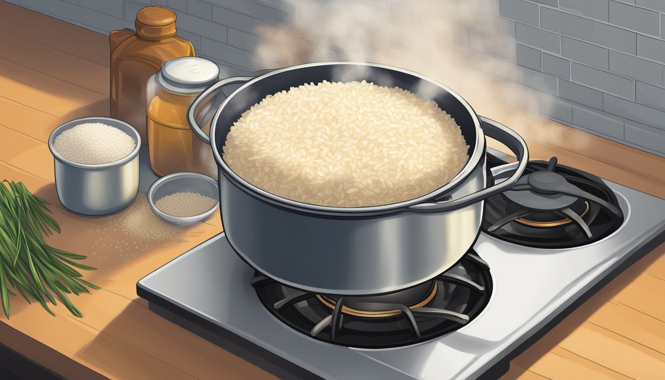 A large pot of rice simmering on a stovetop in a Texas kitchen, steam rising as the grains cook to perfection