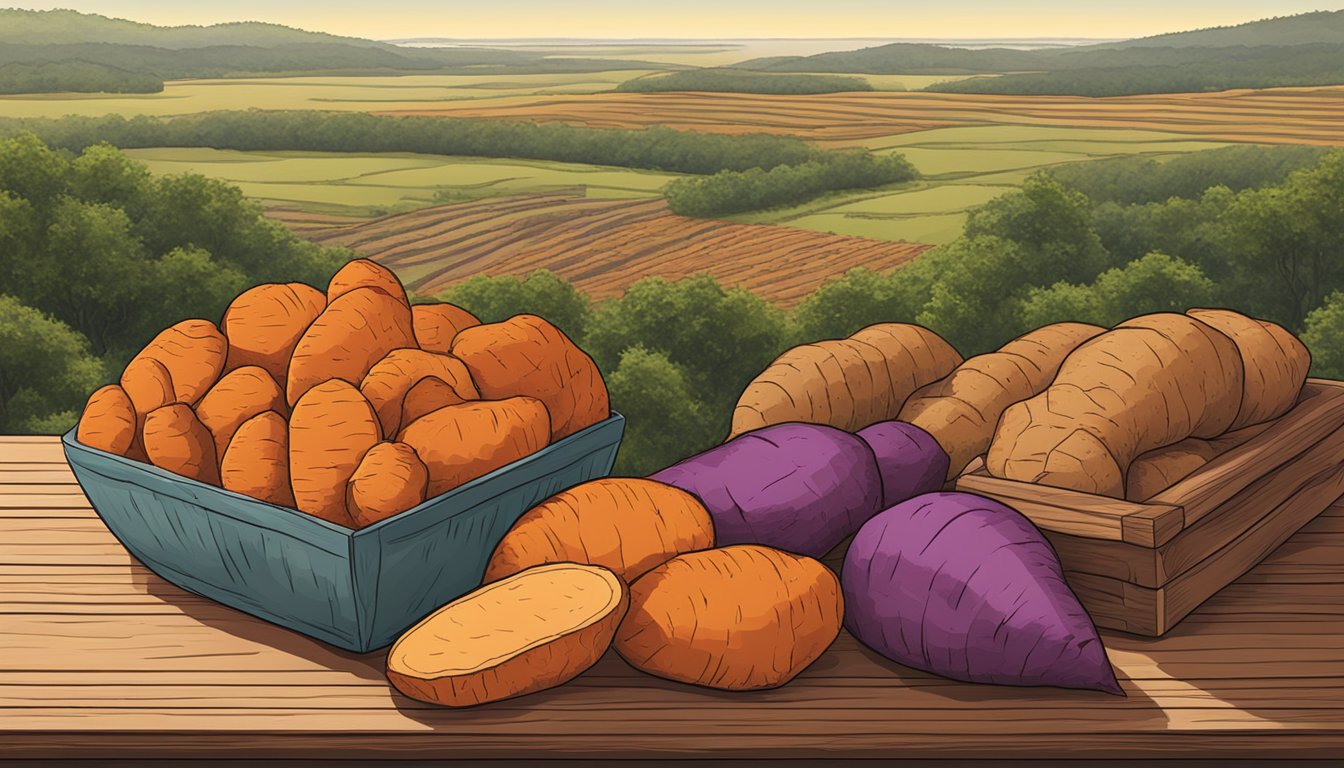 A colorful display of sweet potatoes and yams arranged on a wooden table, with a Texas landscape in the background