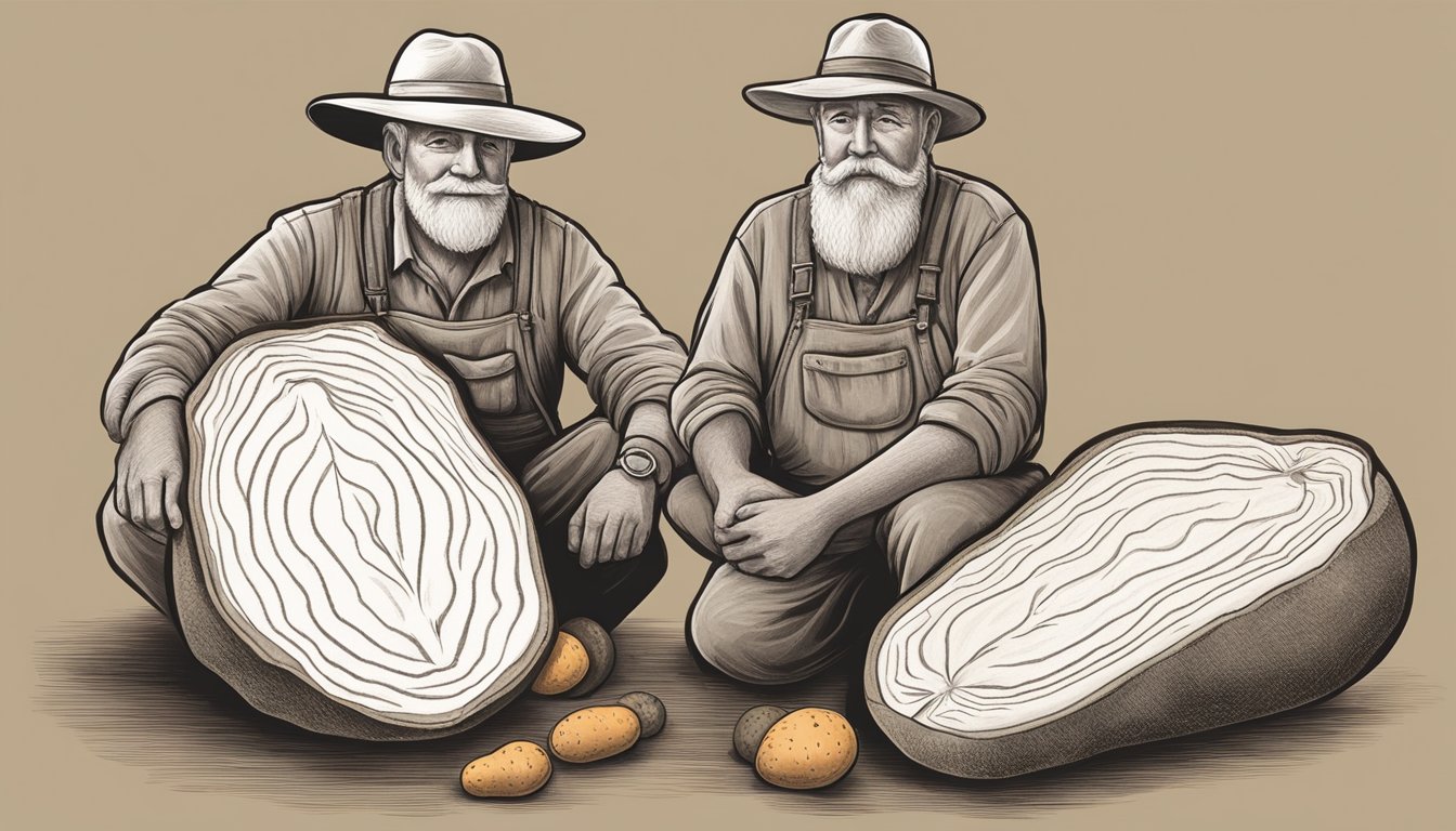 A farmer in Texas holds a sweet potato and a yam, showcasing their physical differences and similarities. The sweet potato is smooth with tapered ends, while the yam is rough with a cylindrical shape. Both are vibrant orange in color