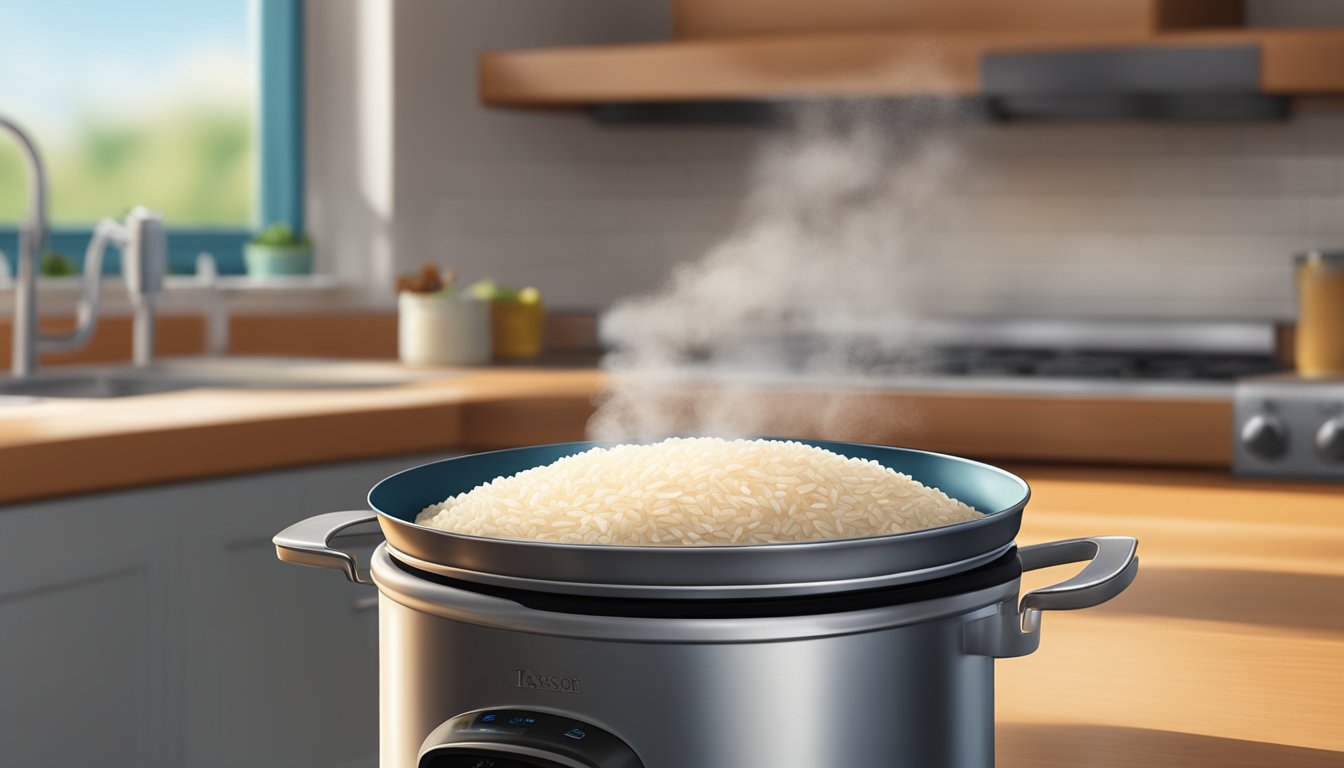 A steaming pot of perfectly cooked rice sits on a stovetop in a Texas kitchen, with fluffy grains and a hint of steam rising from the surface