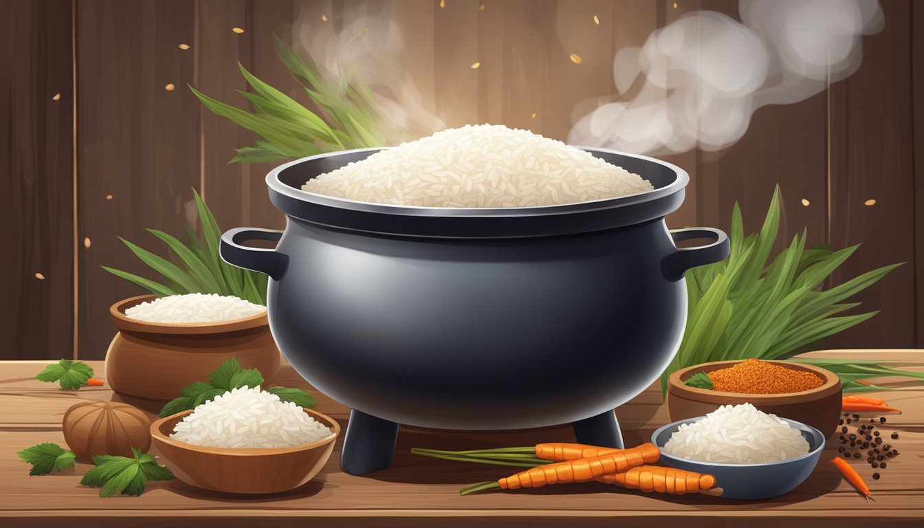 A steaming pot of perfectly cooked rice sits on a rustic wooden table, surrounded by vibrant spices and ingredients from various cultures