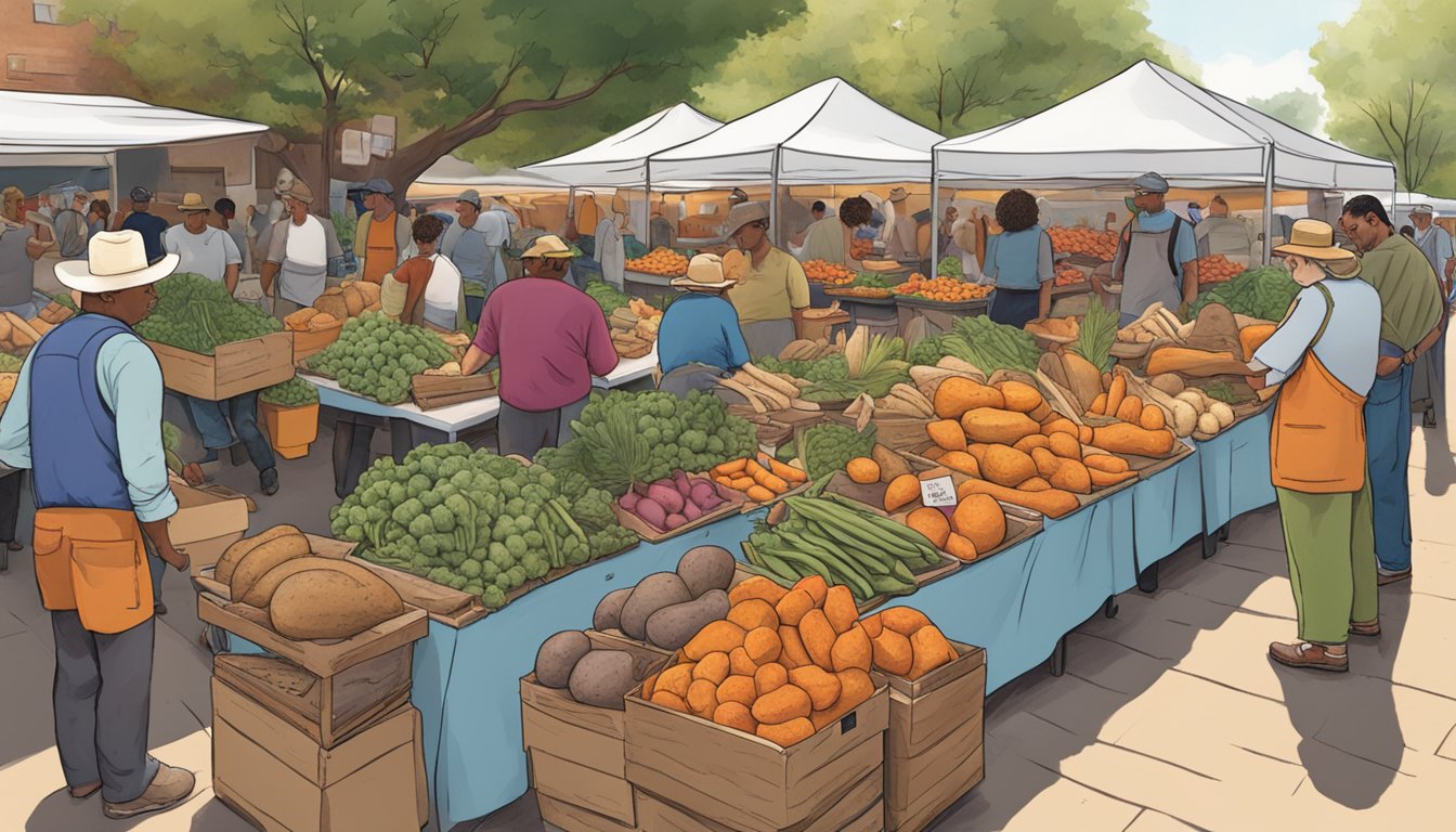 A bustling Texas farmer's market showcasing a variety of sweet potatoes and yams, with vendors and customers discussing their culinary uses