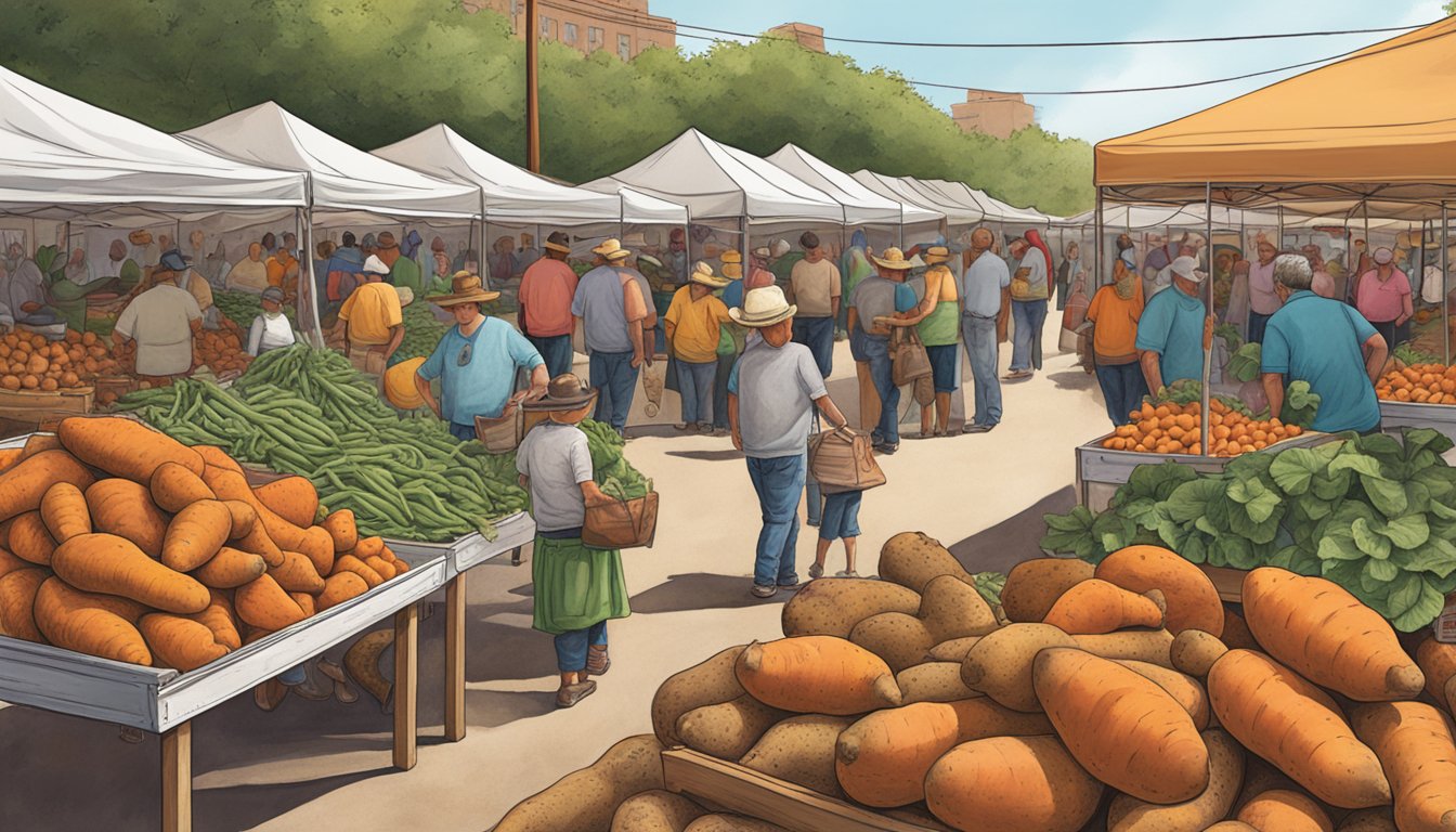 A bustling Texas farmers' market showcases sweet potatoes and yams side by side, highlighting their similarities and differences in size, color, and texture