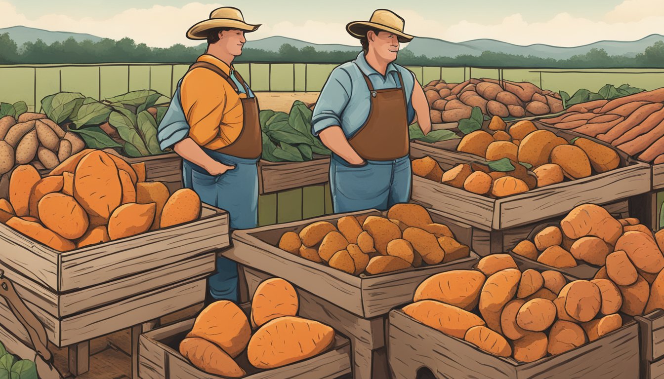 A farmer at a Texas market displays sweet potatoes and yams side by side, highlighting their similarities and differences through their distinct shapes, colors, and textures