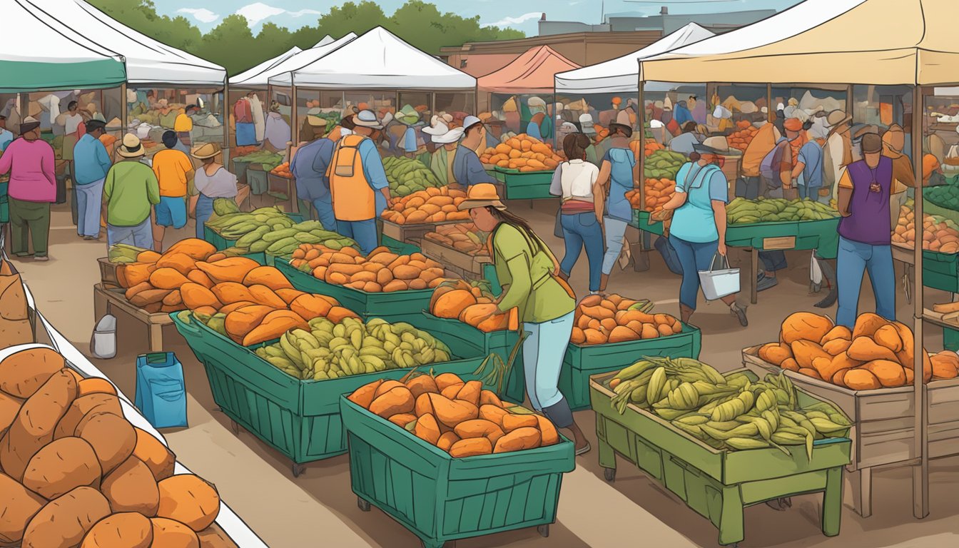 A bustling Texas farmers' market with colorful displays of sweet potatoes and yams, showcasing their cultural significance and differences