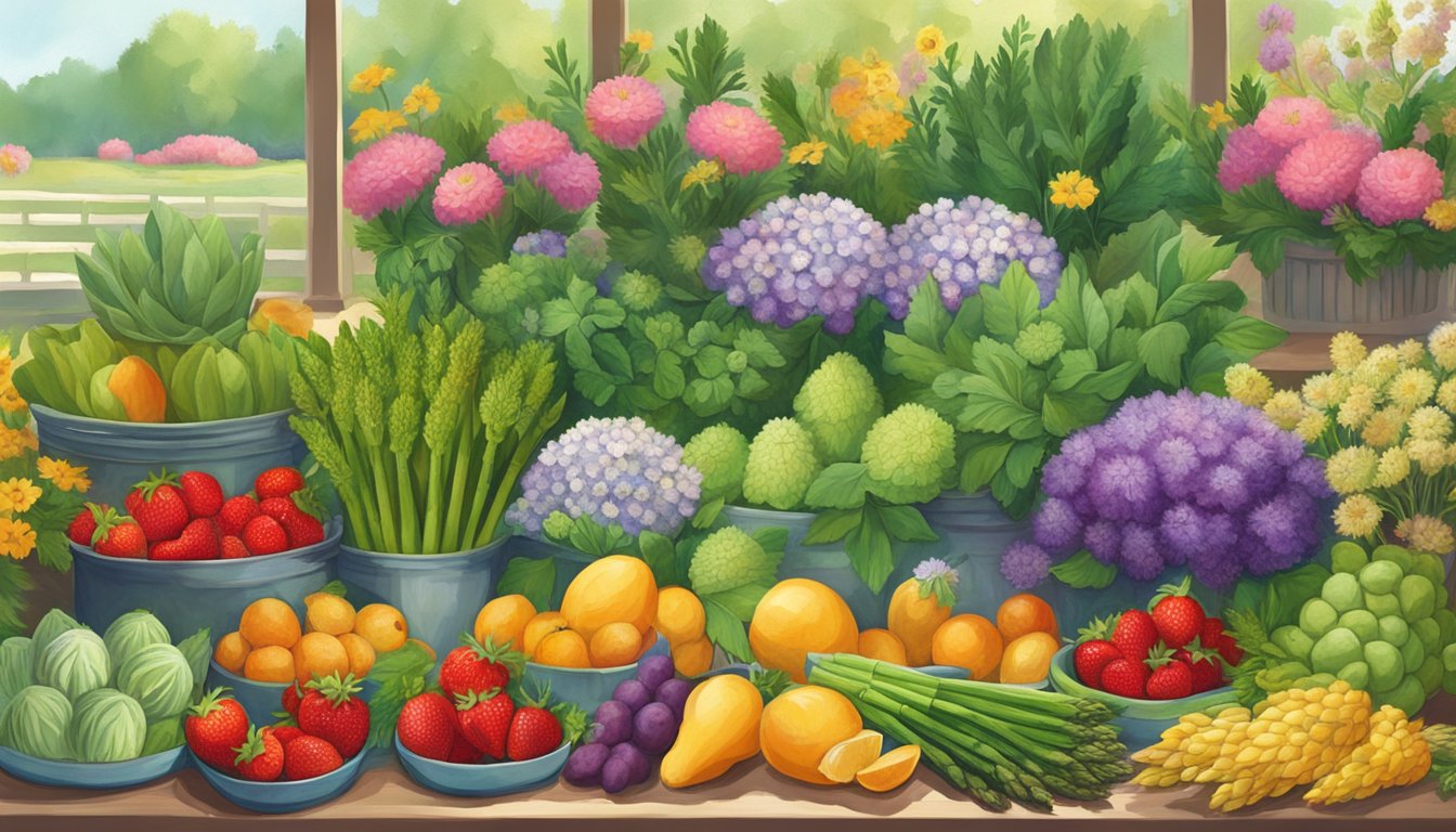 A vibrant scene of fresh produce including strawberries, asparagus, and artichokes, surrounded by blooming wildflowers and greenery in a Texas spring market