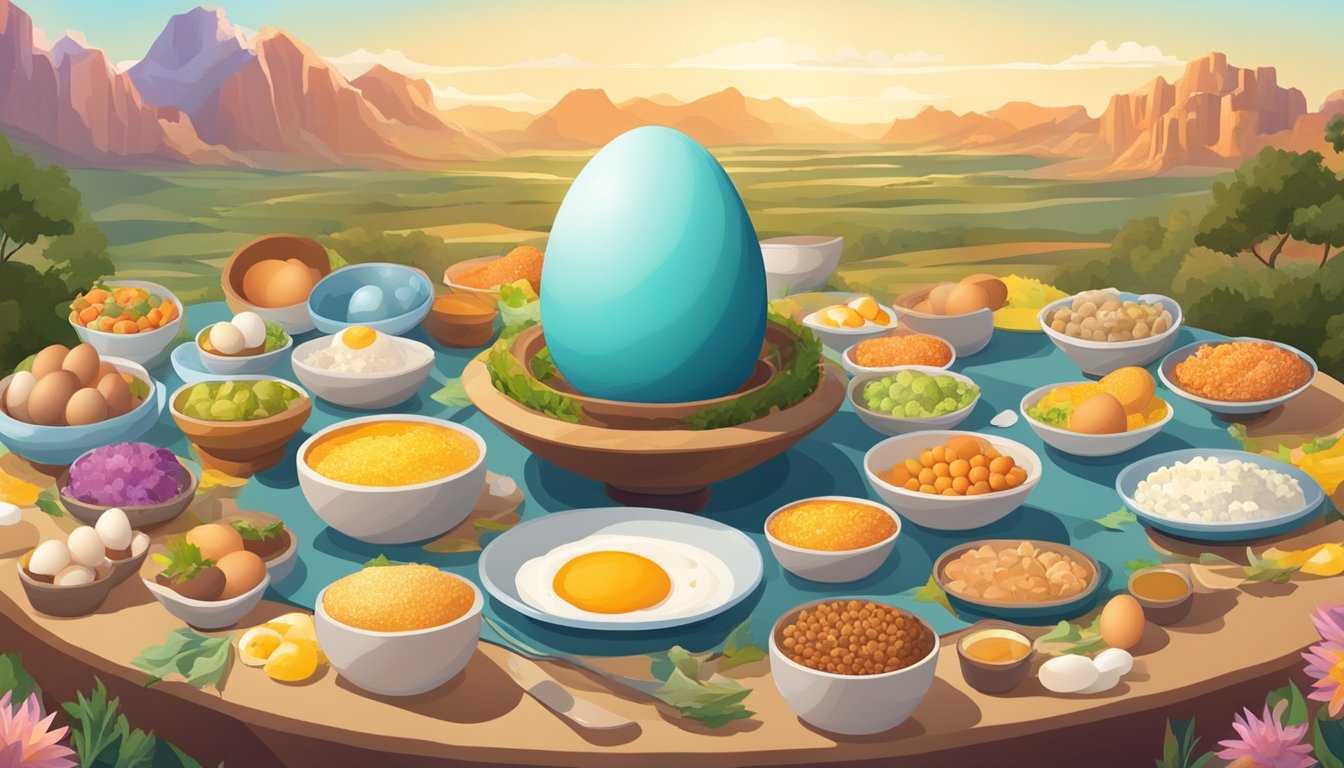 A colorful Texas landscape with a large egg in the center surrounded by various egg dishes and decorations, representing the significance of National Egg Day