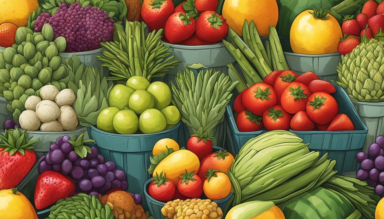 A colorful array of fresh fruits and vegetables, including strawberries, asparagus, and artichokes, displayed at a local Texas farmer's market