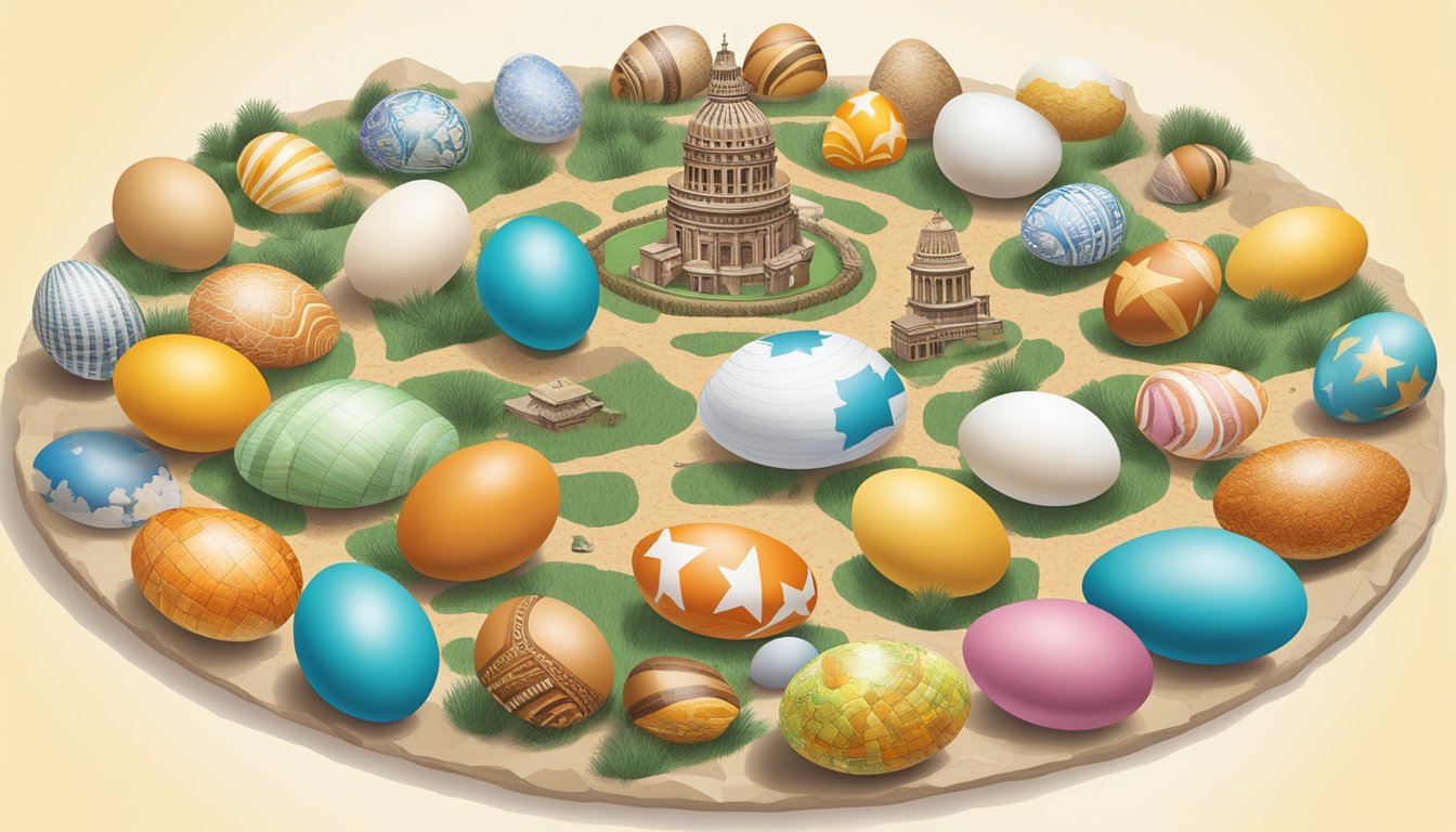 A colorful array of eggs arranged in a circular pattern, with a variety of sizes and colors, surrounded by images of Texas landmarks