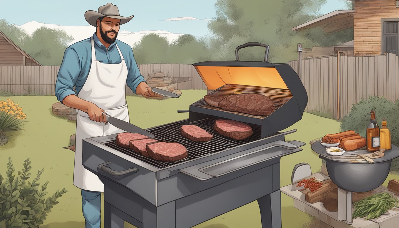 A butcher slicing and marinating strips of beef, surrounded by spices and a smoking grill in a Texas backyard