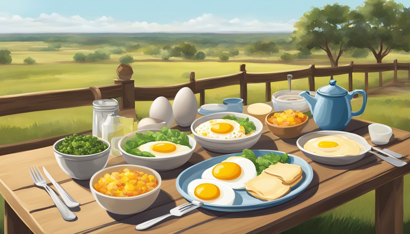 A sunny Texas landscape with a table featuring various egg dishes for breakfast, lunch, and dinner