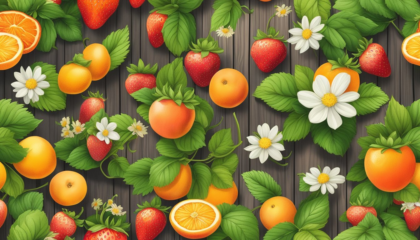 A colorful array of ripe strawberries, vibrant oranges, and juicy peaches on a rustic wooden table, surrounded by blooming wildflowers and fresh green foliage