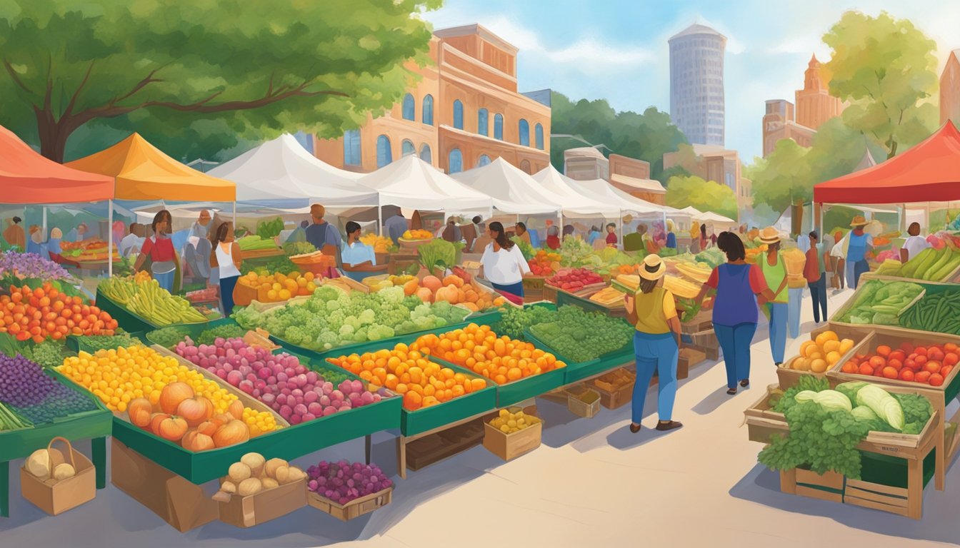 Vibrant display of fresh produce at a Texas farmers' market, with colorful flowers and local goods, set against a backdrop of bustling festival activities