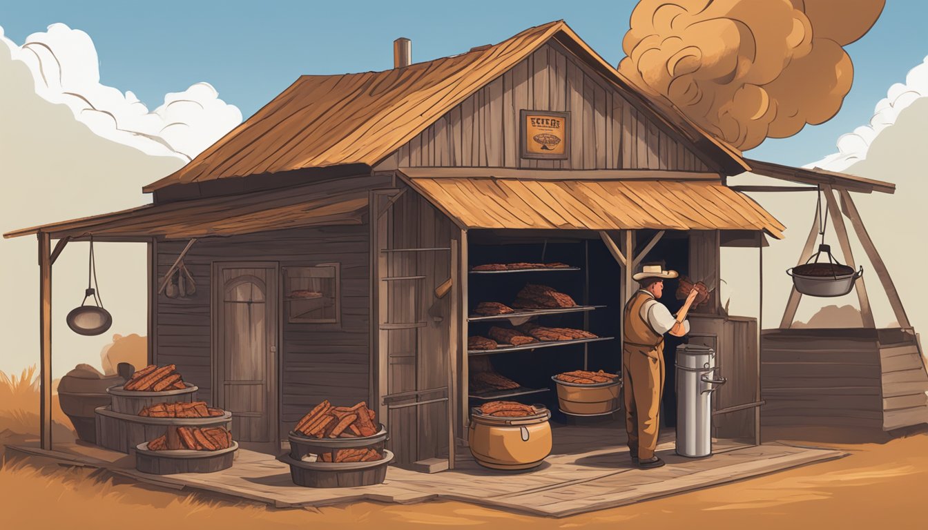 A rustic Texas smokehouse with hanging racks of seasoned beef strips, a smoldering wood fire, and a figure tending to the jerky