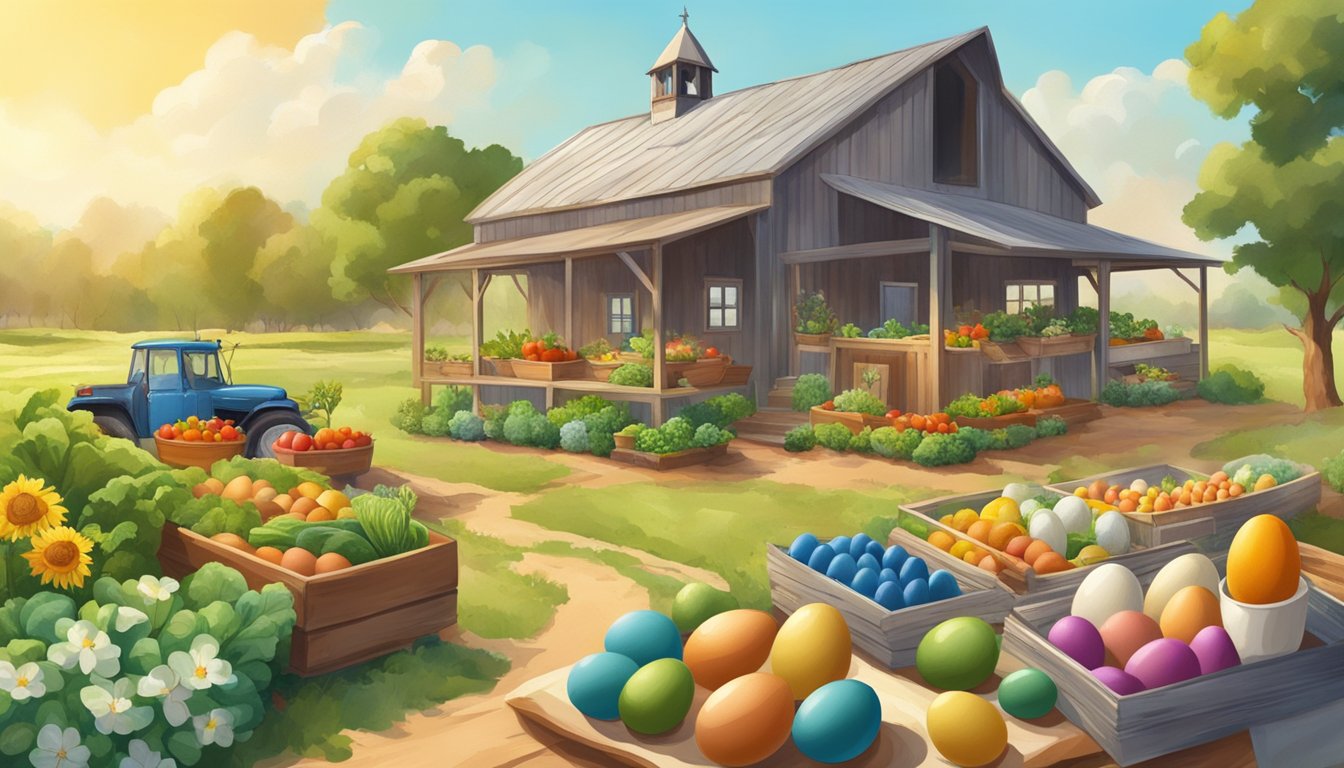 A sunny Texas farm with a colorful array of eggs, surrounded by fresh vegetables and a variety of dietary supplements