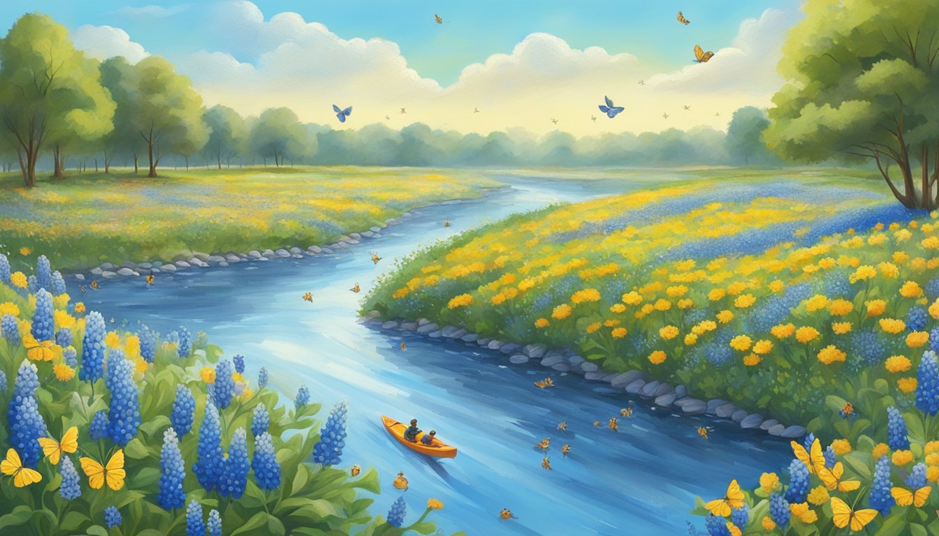 A blooming bluebonnet field with butterflies and bees, a winding river with people kayaking, and a clear blue sky with birds flying overhead