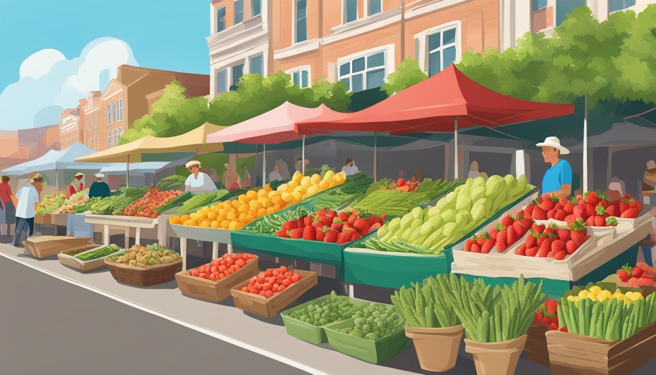 A bountiful farmers' market with fresh produce such as strawberries, asparagus, and artichokes. Bright flowers and greenery adorn the stands