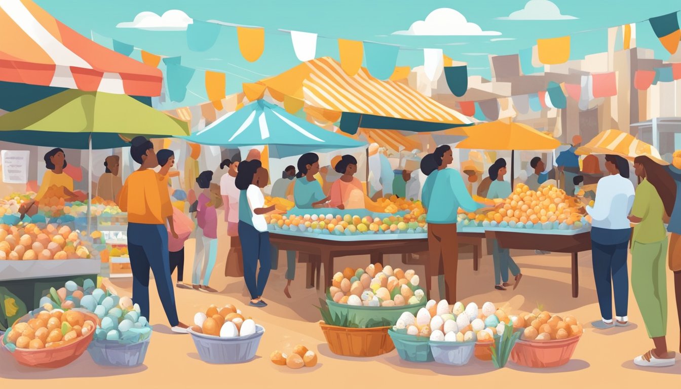 A colorful market stall with various types of eggs on display, surrounded by people buying and celebrating National Egg Day in Texas