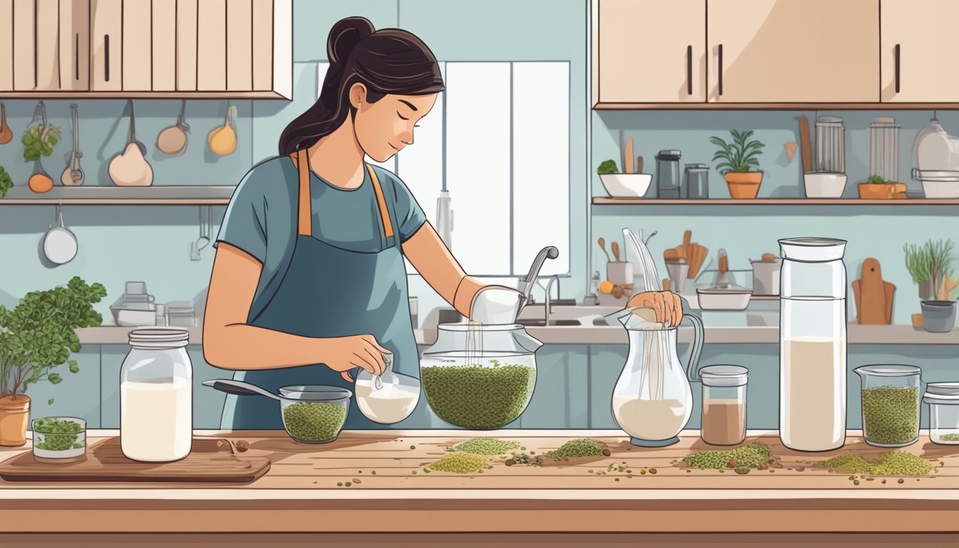 A person blending seeds with water in a modern kitchen, with various types of seeds and a jug of homemade seed milk on the counter