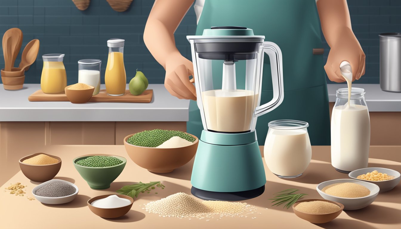 A person pouring seeds into a blender with various types of milk and other healthy ingredients laid out on a kitchen counter