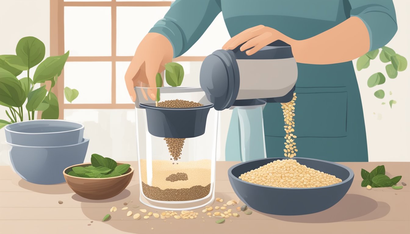 A person pouring leftover seed pulp into a blender with various seeds and water, creating homemade seed milk