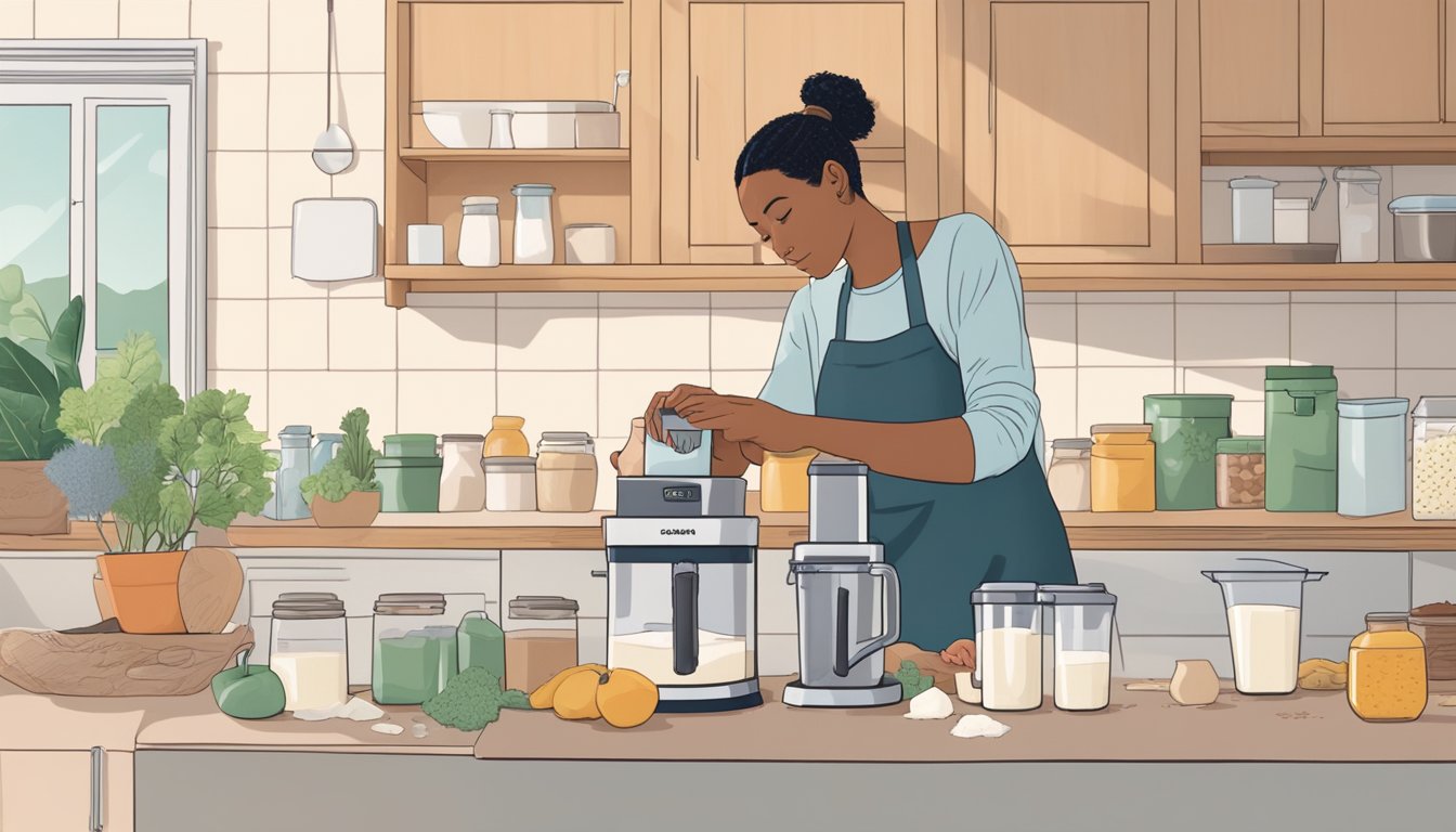 A person using a blender to make seed milk at home, surrounded by various seeds and store-bought milk cartons in a Texas kitchen during lockdown