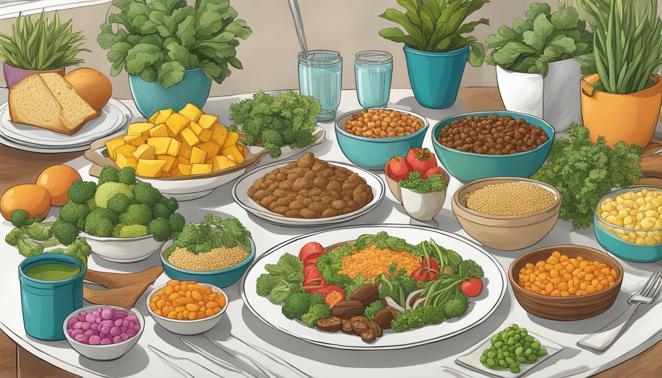 A colorful array of plant-based foods arranged on a Texas-themed table setting, showcasing complete proteins for a vegan diet