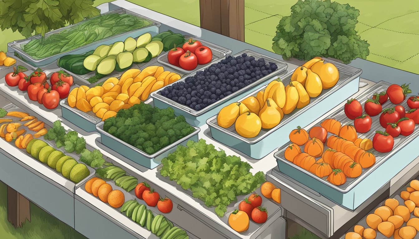 Fresh fruits and vegetables being sliced, arranged on dehydrator trays, and placed in a sunny Texas backyard for drying and preserving