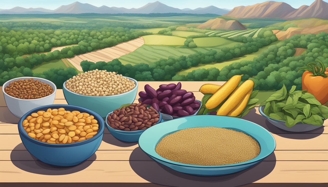 A colorful array of plant-based foods arranged on a table, including beans, quinoa, tofu, and nuts, with a Texas landscape in the background