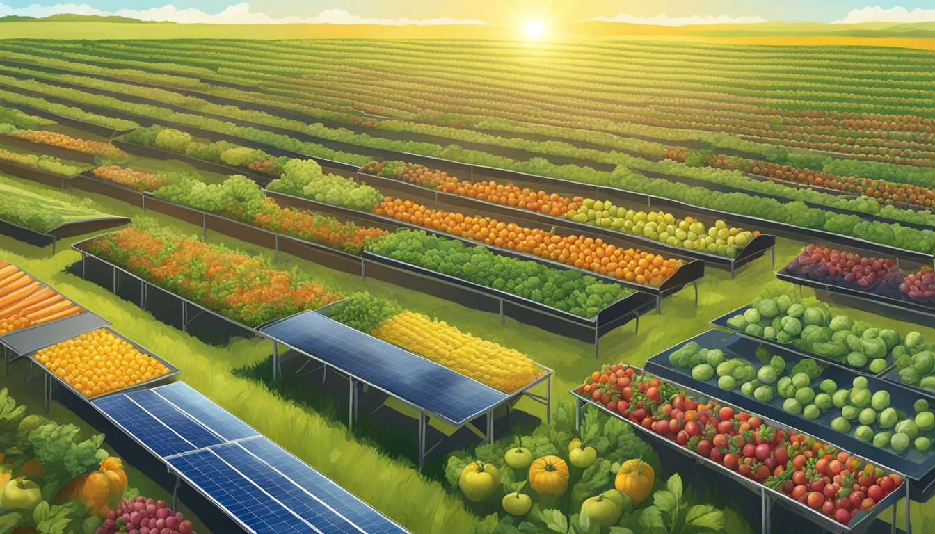 A wide open field with rows of colorful fruits and vegetables laid out under the bright Texas sun, with solar panels nearby powering the process