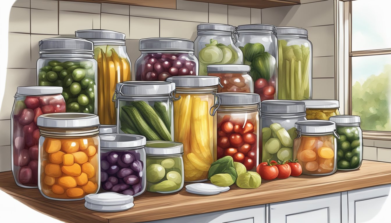 A kitchen counter with various jars of pickled and preserved foods, a freezer filled with neatly labeled containers of frozen fresh produce