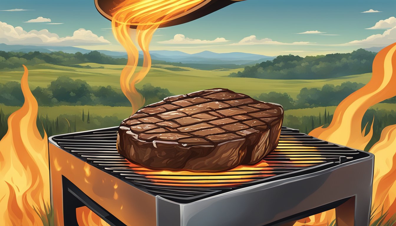 A sizzling steak on a hot grill with flames licking the edges, surrounded by a Texas landscape of rolling hills and a big open sky