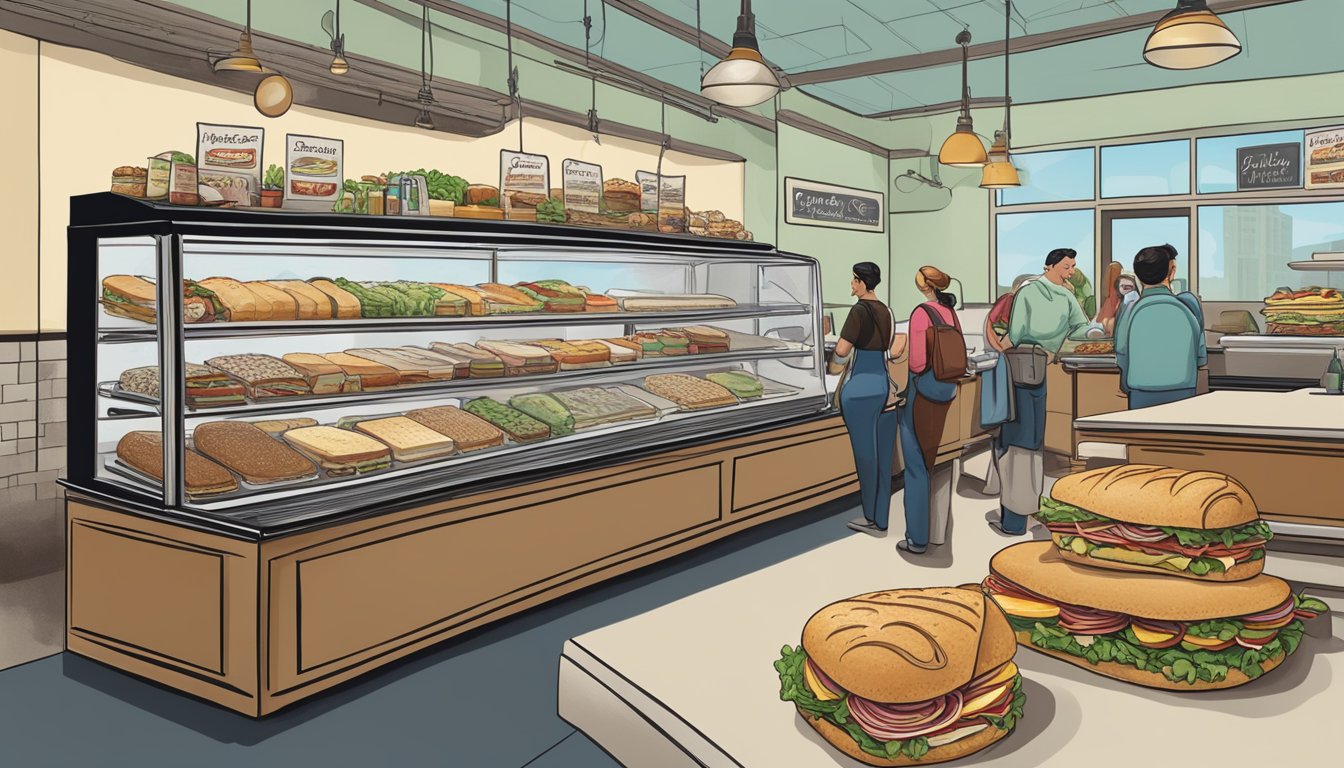 A bustling sandwich shop in Texas, with a display of various sandwich types from history, including classic deli sandwiches, regional specialties, and modern twists on the traditional sandwich