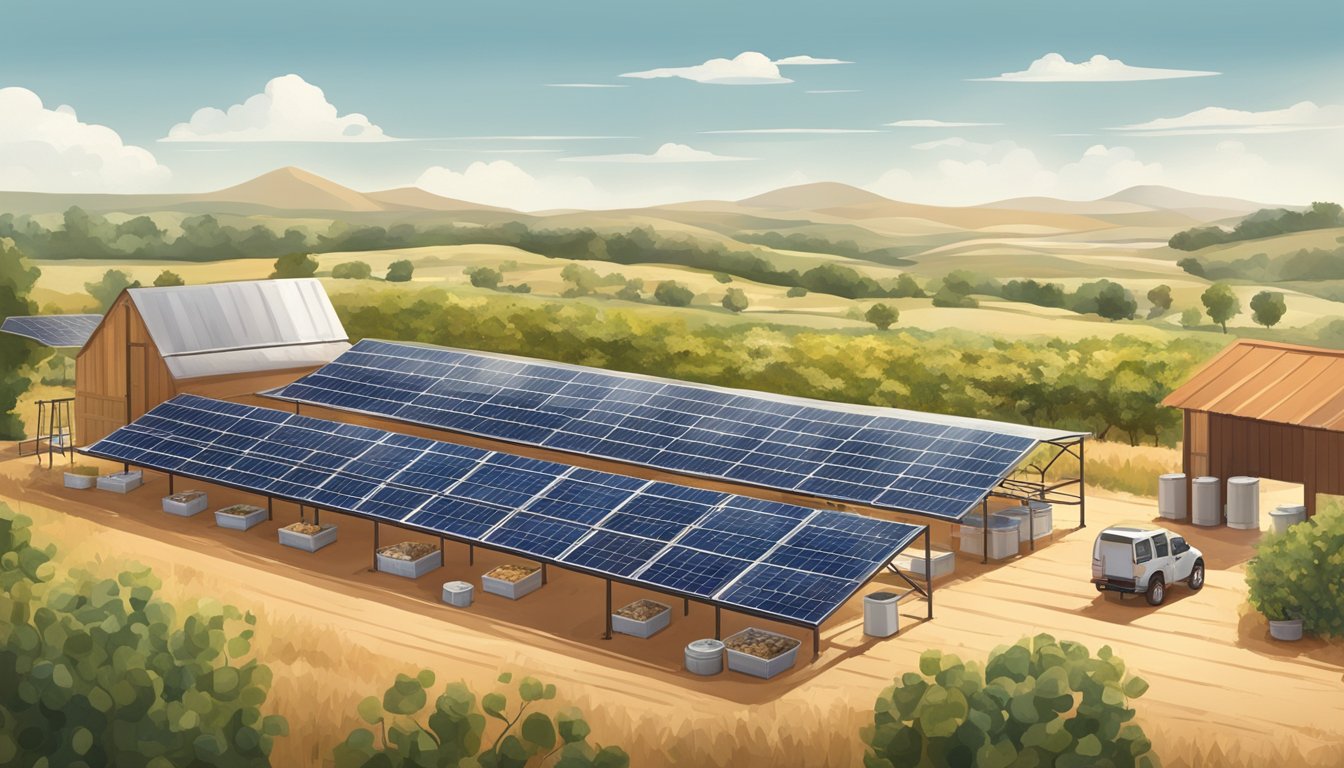 A sunny Texas landscape with solar panels powering flavor-enhancing sun drying techniques for preserving dried foods on shelves