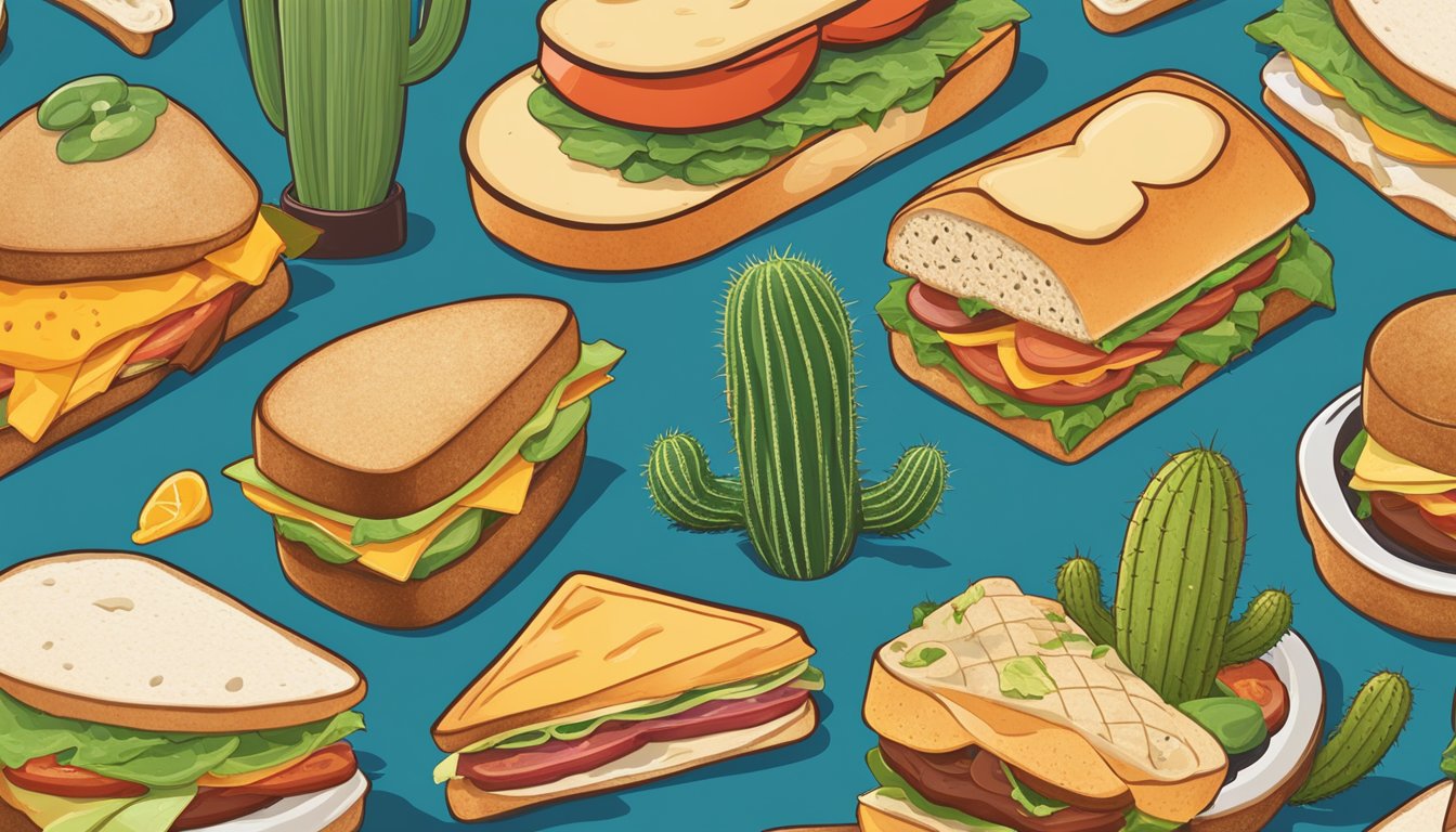 A spread of various sandwiches from around the world, set against a backdrop of iconic Texas imagery such as cowboy hats and cacti