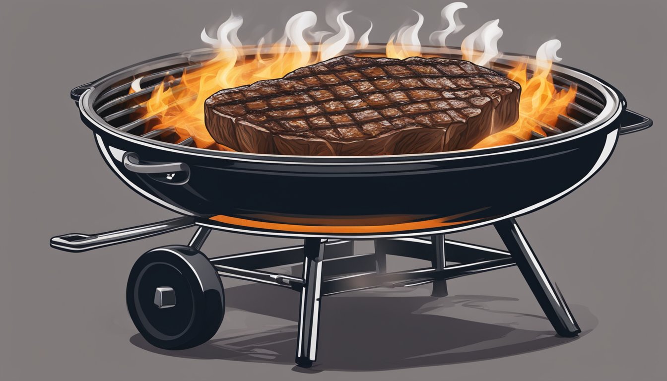 A sizzling steak sits on a hot grill, surrounded by the smoky aroma of Texas barbecue. The meat is seasoned to perfection, ready to be served for peak flavor