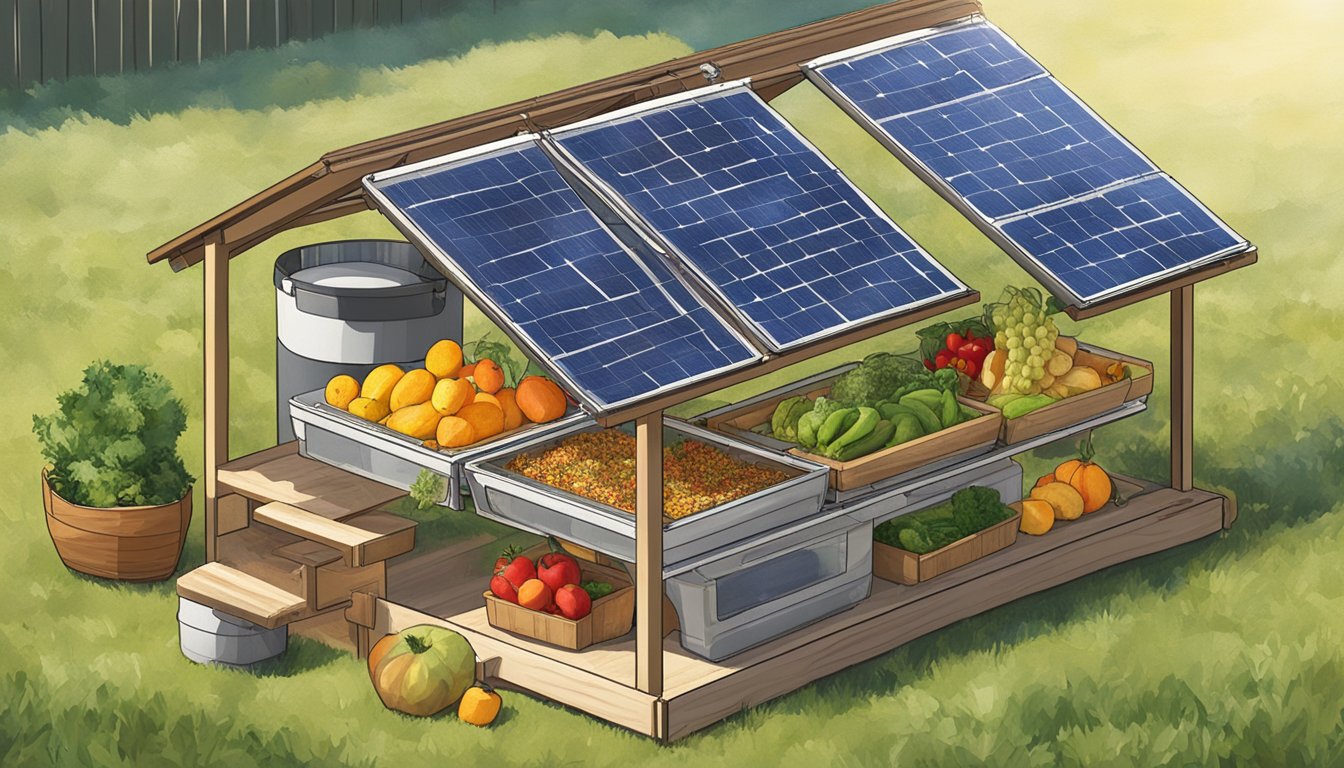 A solar-powered food dehydrator sits in a Texas backyard, with various fruits and vegetables spread out on trays, basking in the sun's rays