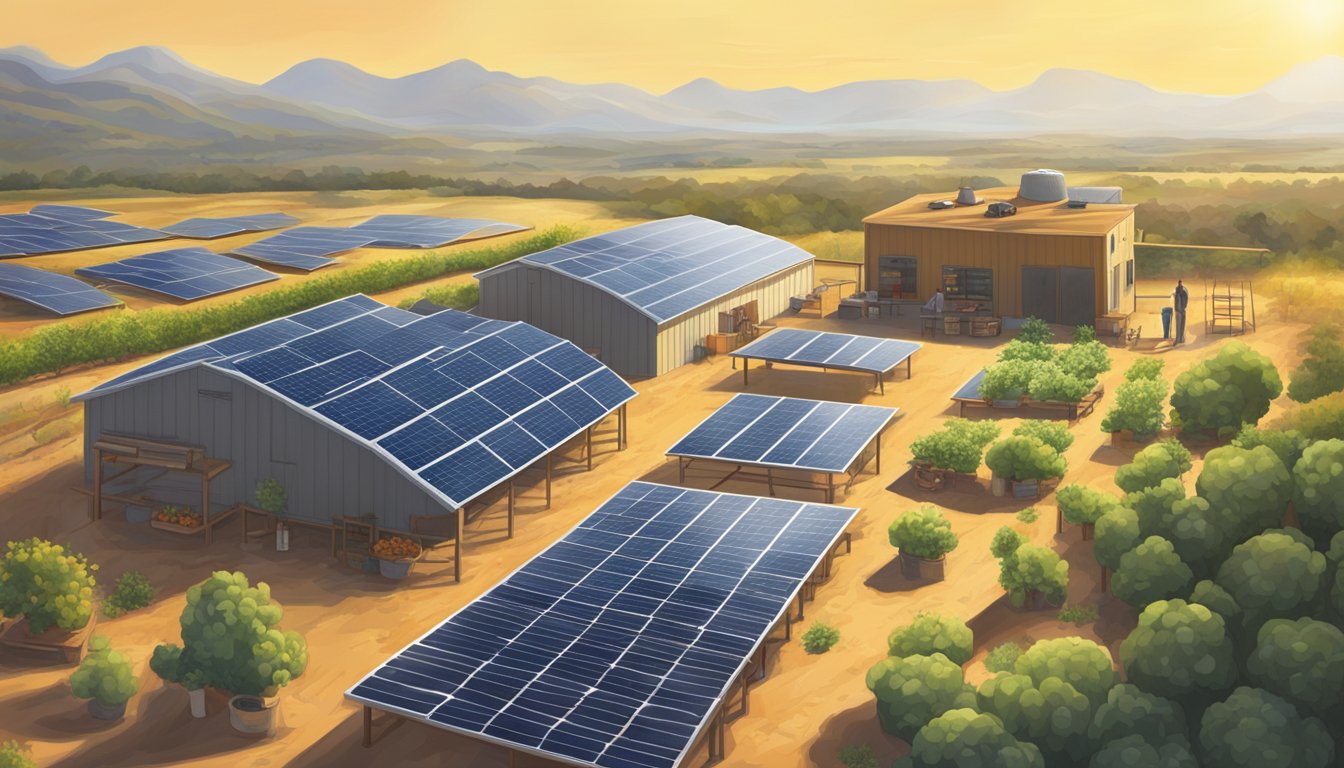 A Texas landscape with solar panels, food drying racks, and flavorful produce under the bright sun