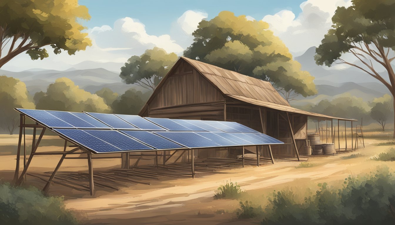 A rustic Texas landscape with solar panels powering food drying racks, showcasing the historical and cultural impact of sun drying techniques