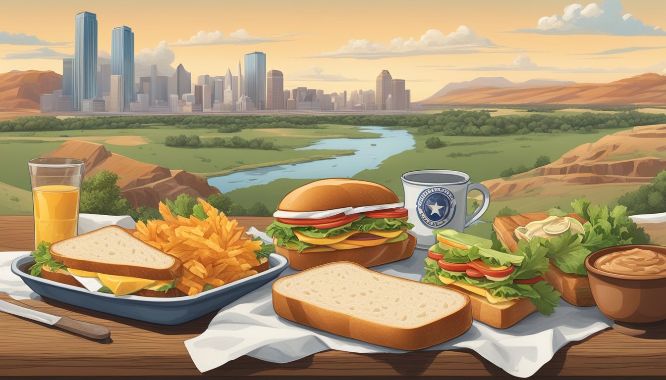 A spread of various sandwich ingredients and historical references, set against a Texas backdrop