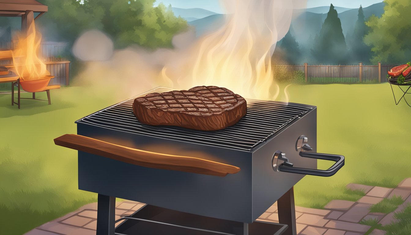 A sizzling steak is being lifted off a hot grill in a Texas backyard, surrounded by the smoky aroma of barbecue