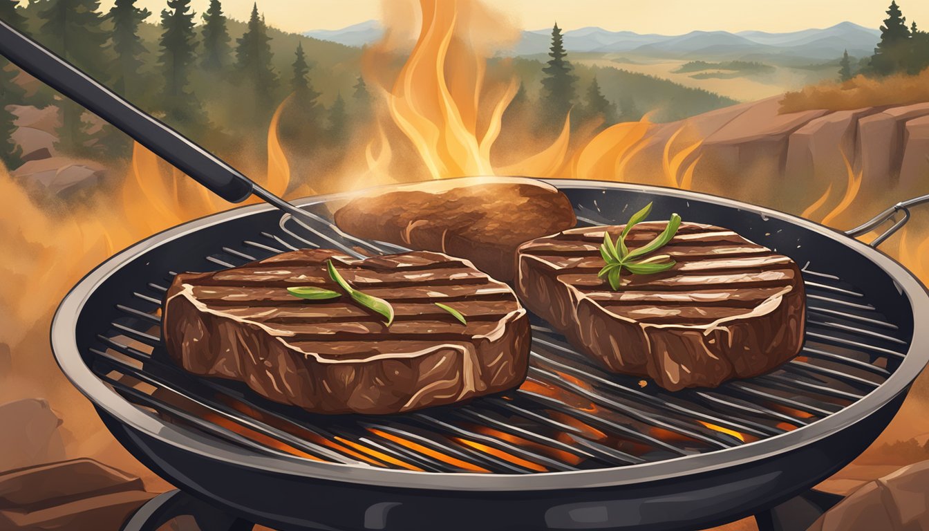 A sizzling steak on a hot grill, surrounded by Texas landscapes and the smoky aroma of barbecue