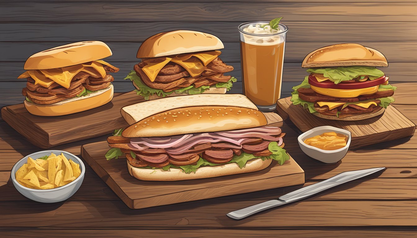 A spread of iconic sandwiches from history, including the Texas BBQ, Reuben, and Cuban, displayed on a rustic wooden table