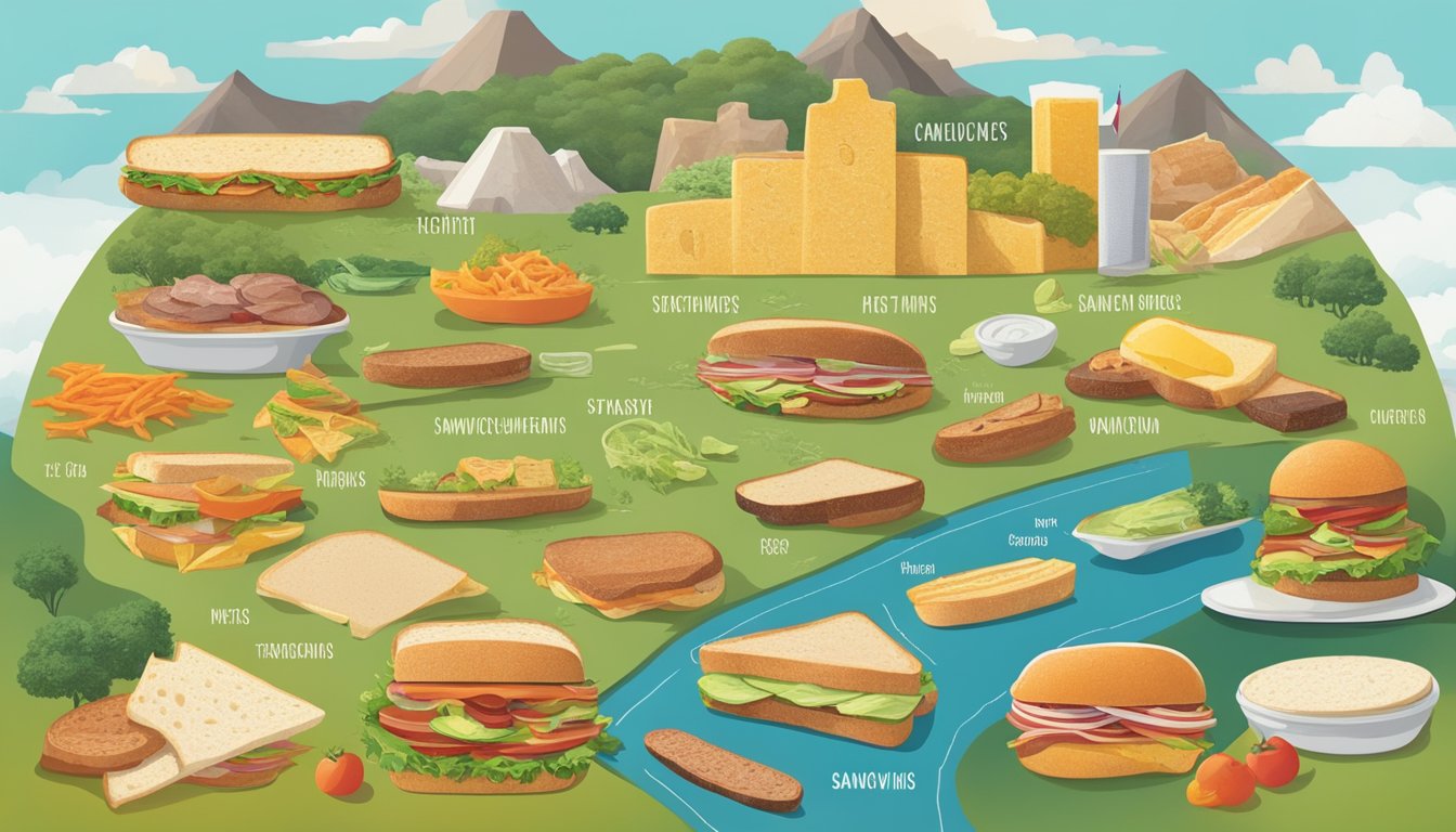 A colorful collage of various sandwich ingredients and Texas landmarks, with a map of sandwich origins as the backdrop