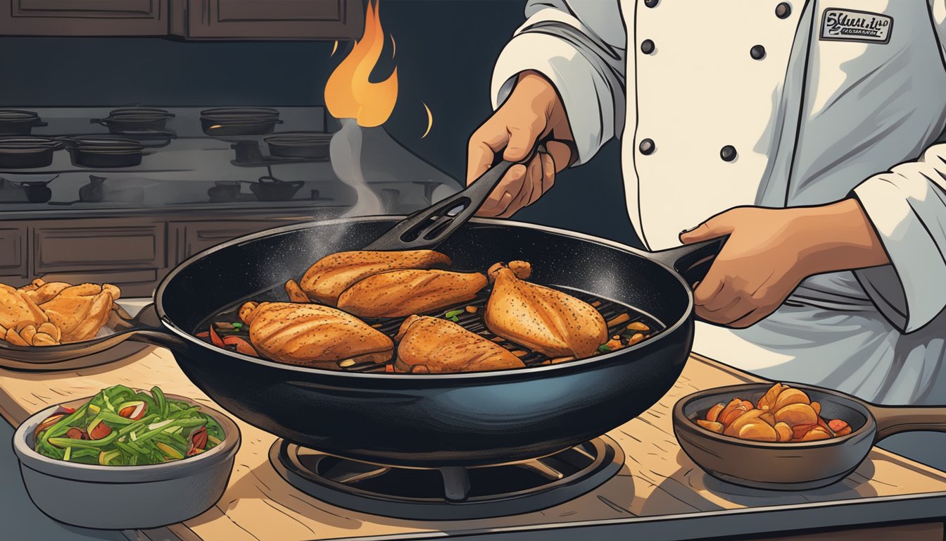 A chef seasoning and searing chicken breast in a sizzling skillet