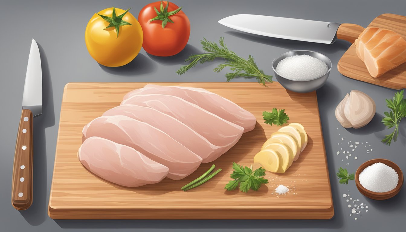 A cutting board with a raw chicken breast, a knife, salt, pepper, and a skillet on a kitchen counter in Texas