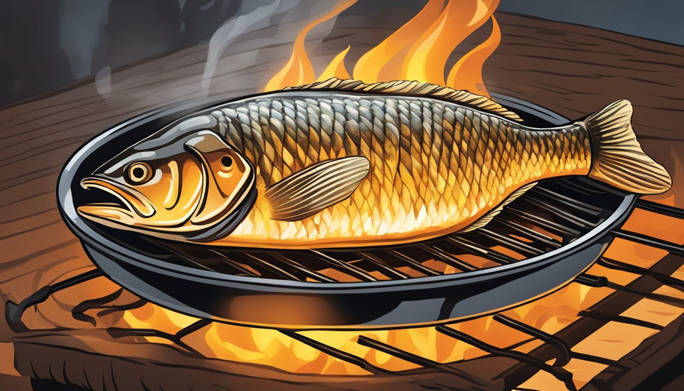 A whole fish sizzling on a grill over hot coals, with the Texas sun casting a warm glow on the scene